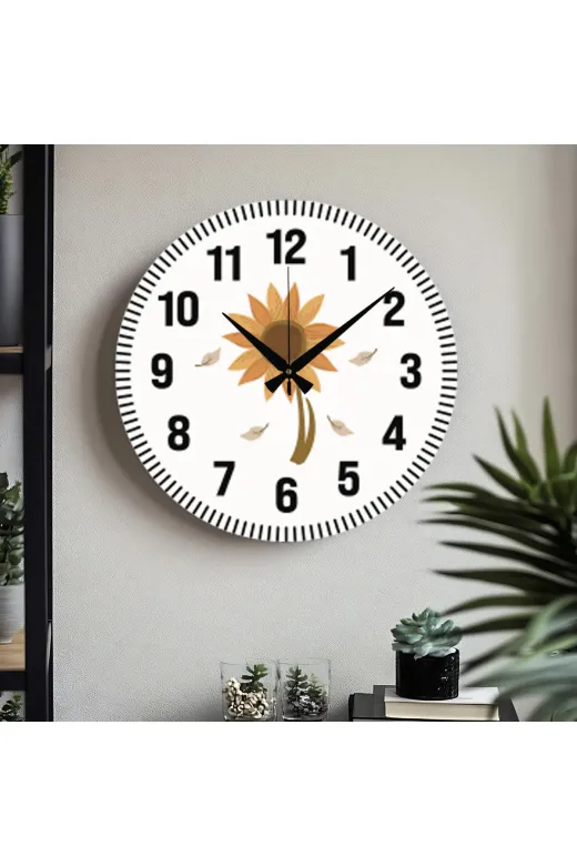 Çiçek Desenli Dekoratif Türkçe Rakamlı Uv Baskılı Duvar Saati (Sessiz) Akar Mekanizma Metal Akrep