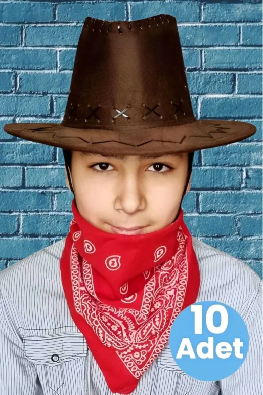 Çocuk Unisex Bandanalı 10'lu Nubuk Kovboy Şapkası ( 8-14 Yaş )