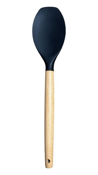 0neformehome 57855210126326880184975 Ahşap Saplı Silikon Mutfak Servis Ve Yemek Hazırlama Düz Spatula, Siyah, 1 Adet 0