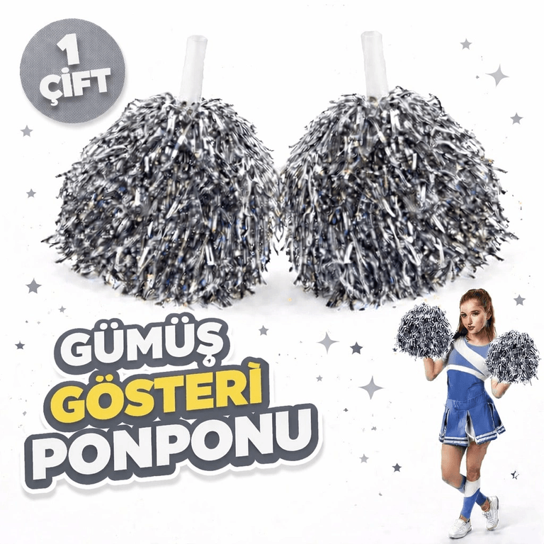 1 Çift ( 2 Adet ) Gümüş Renk 23 Nisan 19 Mayıs 29 Ekim Okul Gösteri Ponponları Ekstra Dolgun
