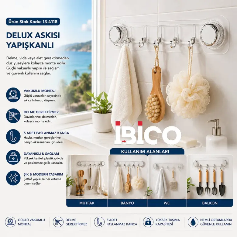 10 ADET PLASTİK POŞETLİ 5 KOLLU - VAKUMLU DELUX ASKISI YAPIŞKANLI 38.5CM - 5CM (4745)