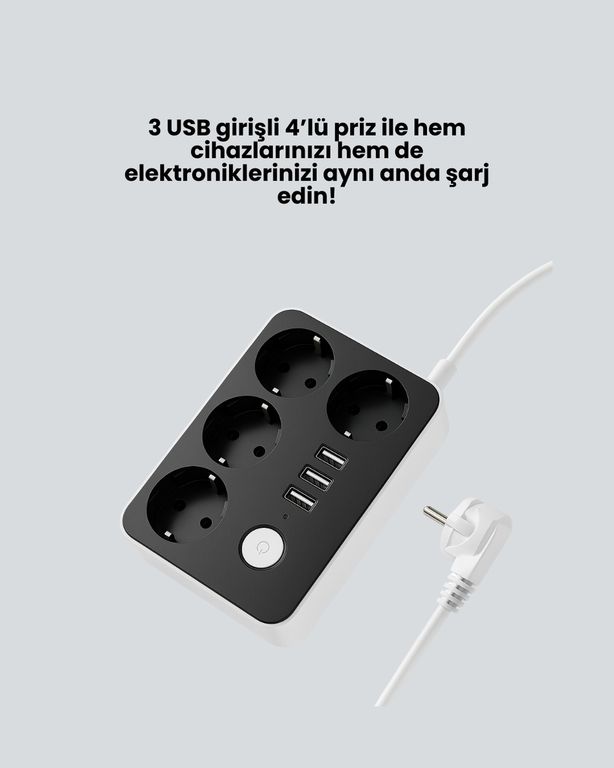 10 Crosby TRİTHLTUCZZZU314-1-BLNCCC 3 Usb Çıkışlı 4 Lü Akıllı Priz 2500W 2 Metre Kablo -