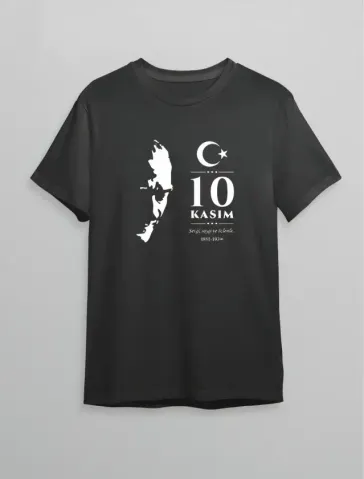 10 Kasım Atatürk Anma Günü Silüet Baskılı Oversize Bisiklet Yaka T-shirt - Siyah - S - Siyah
