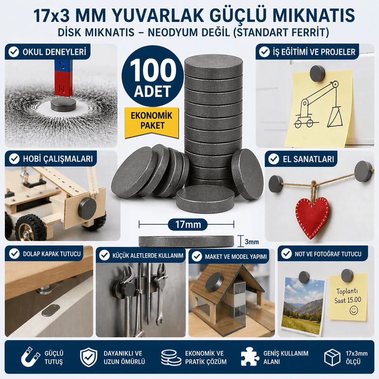 100 Adet Mıknatıs 17x3 Mm Yuvarlak Güçlü Mıknatıs Disk Mıknatıs