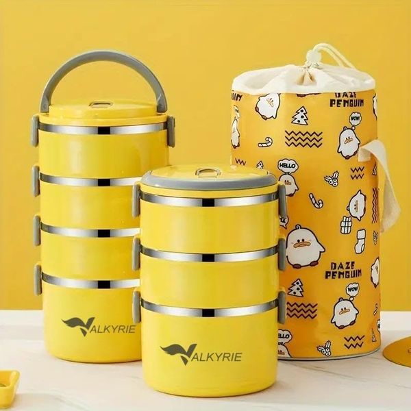 1000 Katalog 57855210125405480184975 4 Gözlü Çelik Penguen Desenli Sarı Termal Kutusu Çocuklar İçin Şirin Açık