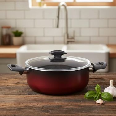 1000 Katalog 57855210126252680184975 Safir 22 Cm Derin Tencere Kırmızı Siyah Yanmaz Yapışmaz Cam Kapaklı Çorba Ve Yemek Tenceresi 12V