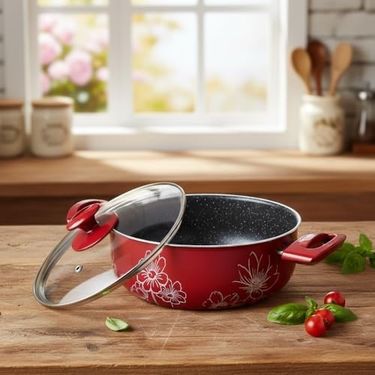 1000 Katalog 57855210126305380184975 Lotus 22 Cm Derin Tencere - Kırmızı Üzeri Beyaz Çiçek Desenli Cam Kapaklı 12V