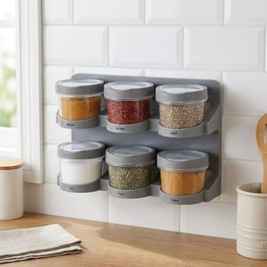 1000 Melocej 57855210125605280184975 6 Lı Standlı Baharatlık Plastik Şeffaf Kaşıklı Baharat Standı Duvara Asılabilir Ve Masa Üstü Kullanılabilir Baharat Seti Mutfak Organizer Açık Bej