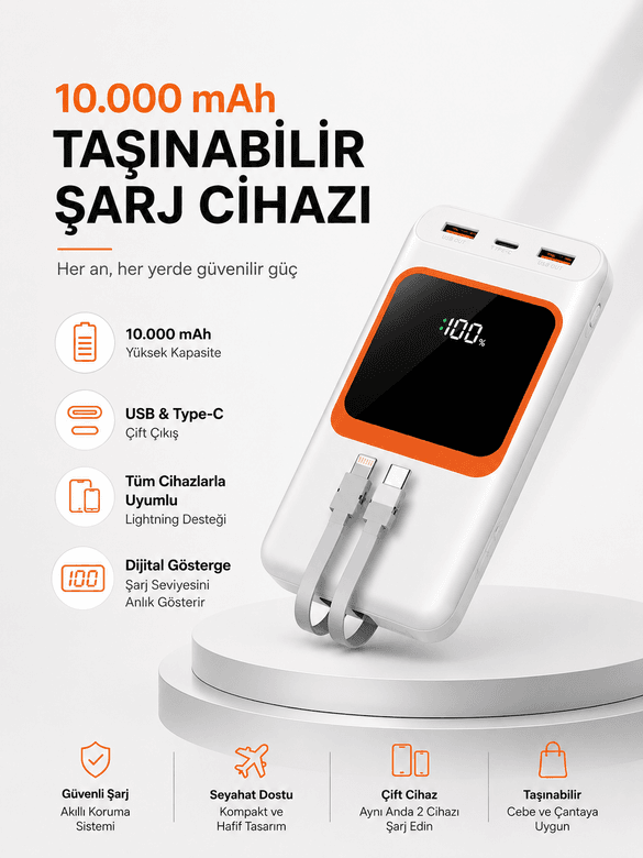 10.000 mAh Bataryalı, Dijital Göstergeli Taşınabilir Powerbank