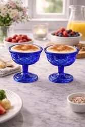 1001 Ambalaj 57855210131217280184975 2&apos Li Ayaklı Kobalt Mavi Göz Desenli Cam Tatlı Kasesi - Dondurma, Magnolia Sunum Kadehi Açık Bej