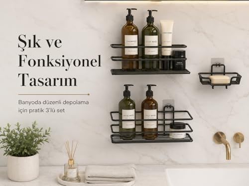 1001 Çiftliği 57855210124114380184975 Siyah 3 Lü Yapışkanlı Banyo Seti, 2 Raf Ve 1 Kancalı Sabunluk, Duvar Tipi Şampuanlık Ve Banyo Organizer, Delmeden Kolay Montajlı Banyo Raf Seti 000 Açık Krem