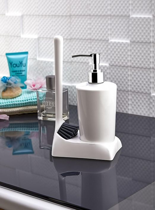 1001 Çiftliği 57855210124346980184975 Armona Silikon Fırçalı Mutfak Banyo Sıvı Sabunluk Süngerlik Seti 000 Açık Krem