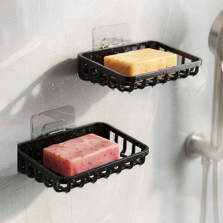1001 Çiftliği 57855210124410880184975 2&apos Li Set Yapışkanlı Banyo Sabunluk, Katı Sabun Tutacağı, Lavabo Mutfak Katı Sabunluk Süngerlik Siyah Siyah 000 Açık Krem