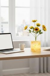 1001 Fidan 57855210124533480184975 Işıklı Yapay Çiçek, Sarı Ayçiçeği Led Dekoratif Bitki, Masaüstü Aydınlatmalı Süs Bitkisi, Ev Ve Ofis Dekorasyonu 20Beyazcipso