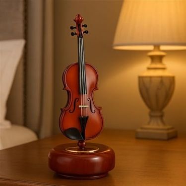 1001Hediye 128857454 Dekoratif Klasik Keman Figürlü Müzik Kutusu 18 Cm Ahşap Standlı Retro Döner Mekanizmalı Masaüstü Süs Ve Hediyelik