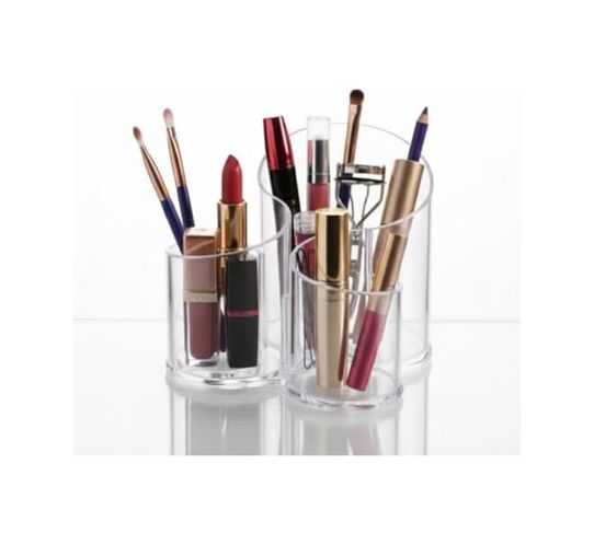 1001Hediye 57855210123887180184975 Şeffaf 3 Bölmeli Makyaj Fırçası Ve Kozmetik Organizer Akrilik Düzenleyici, 12 Cm Çok Bölmeli Masaüstü Makyaj Standı 000 Açık Krem