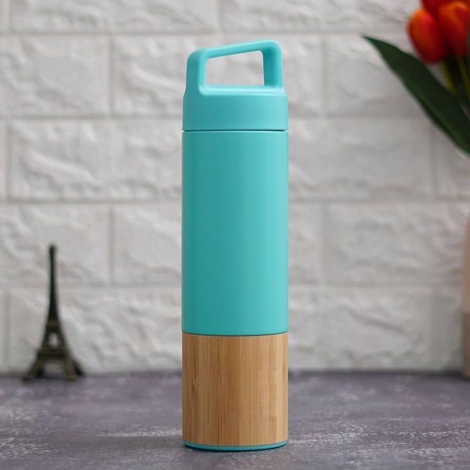 1001Hediye 57855210125666680184975 600 Ml Bambu Tabanlı Kulplu Çelik Termos Mug - 5 Renk Seçenekli Sıcak/soğuk Tutucu Seyahat Bardağı Turkuaz Açık Beyaz