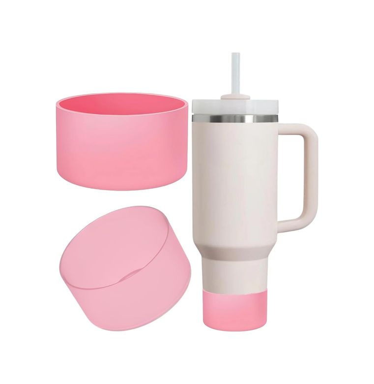 1001Hediye 57855210125827180184975 1 Adet Silikon Taban Koruyucu Quencher 20/30/40 Oz İle Uyumlu Bardak Altı Kılıfı, Kaymaz Ve Sessiz Kullanım Pembe Renk Açık Beyaz
