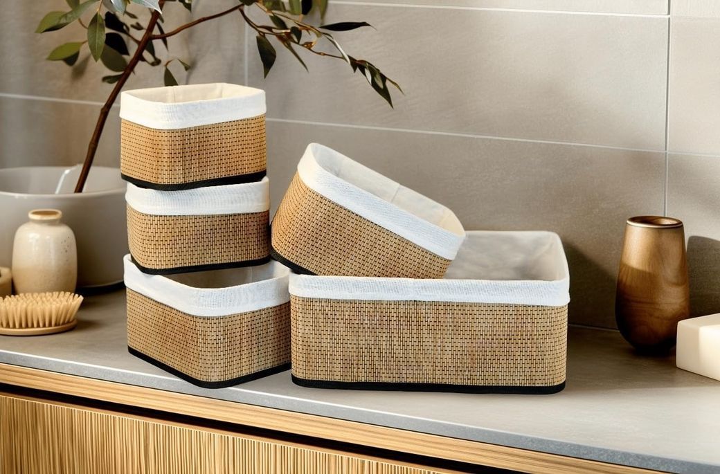 1001Hediye 57855210134368180184975 Wicker Premium Serisi 5&apos Li Set Dikdörtgen Organizer 000 Açık Krem
