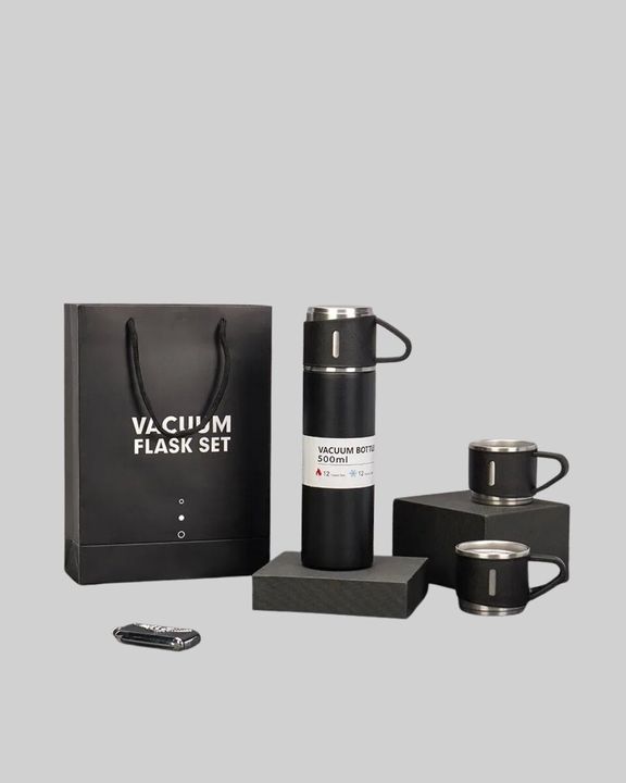 1001Hediye TRİTHLTXUCZZZTERMOSSETİİ-1-BLNCCC 500 Ml Isı Korumalı Çelik Termos Ve Bardak Seti Silikon Tabanlı, Şık Ve Pratik Açık Gri