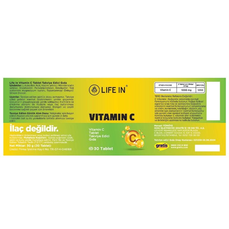 10202742 Life In Vitamin C İçeren Takviye Edici Gıda 30 Tablet