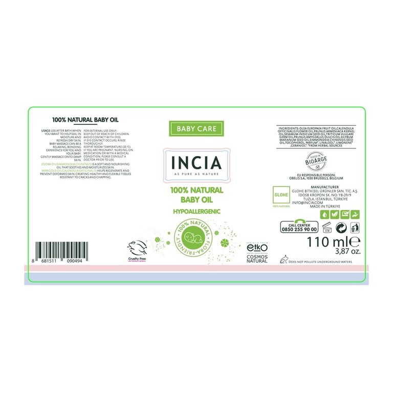 10212992 Incia 110 Ml Doğal Bebek Yağı