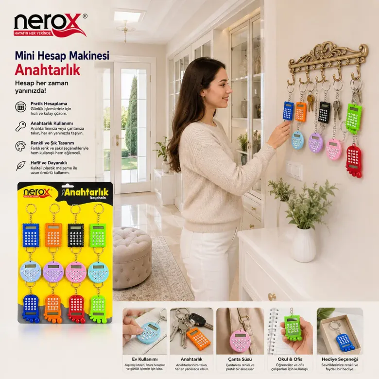 12 ADET HESAP MAK. ANAHTARLIK RENKLİ PLASTİK NRX-4089 (4745)