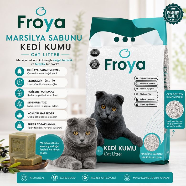 127678076 Froya Marsilya Sabunu Kokulu Kedi Kumu 10 Lt Orta Taneli Topaklanan Tozsuz Kedi Kumu