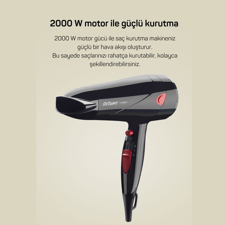 -1299- Arzum Ar569 Linda Saç Kurutma Makinesi 2 Hız Ayarı, Soğuk Hava Ve Difüzör, 2000W, Siyah