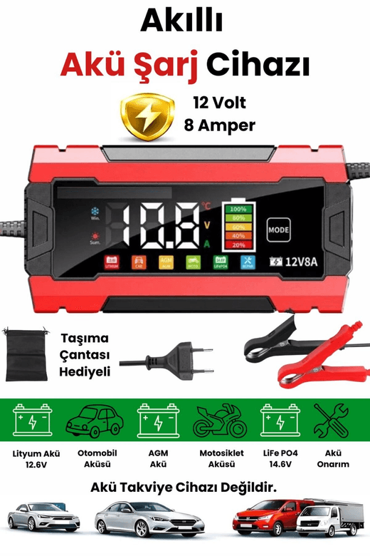 12v 8a Akıllı Akü Şarj Cihazı 12v 8a Lcd Ekranlı Pulse Repair Otomatik Akü Şarj &amp; Desülfatör