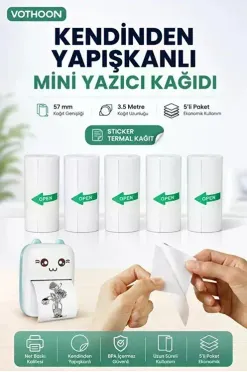 13’lü Mini Yazıcı Termal Rulo Seti Çocuk Kamera Baskı Kağıdı 5 Yapışkanlı 5 Düz Beyaz 3 Renkli