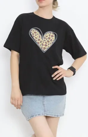 14 Şubat Sevgililer Günü Leopar Kalp Baskılı Oversize Bisiklet Yaka T-shirt - Siyah - L - Siyah