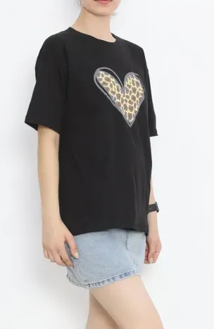 14 Şubat Sevgililer Günü Leopar Kalp Baskılı Oversize Bisiklet Yaka T-shirt - Siyah - XL - Siyah