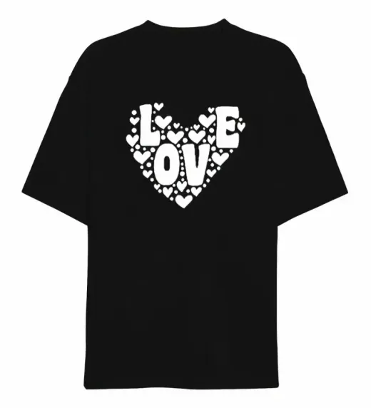 14 Şubat Sevgililer Günü Love Kalp Baskılı Oversize Bisiklet Yaka T-shirt - Siyah - S - Siyah