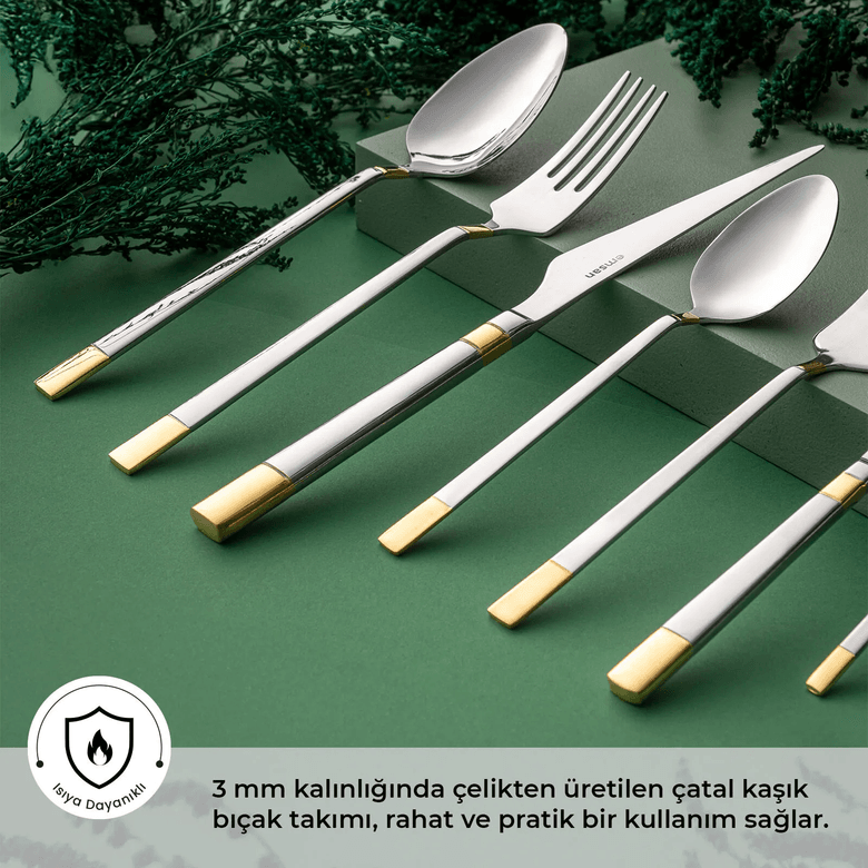 14.999 TL Emsan Elegance Duru Gold 84 Parça 12 Kişilik Lüks Kutulu Çatal Kaşık Bıçak Takımı