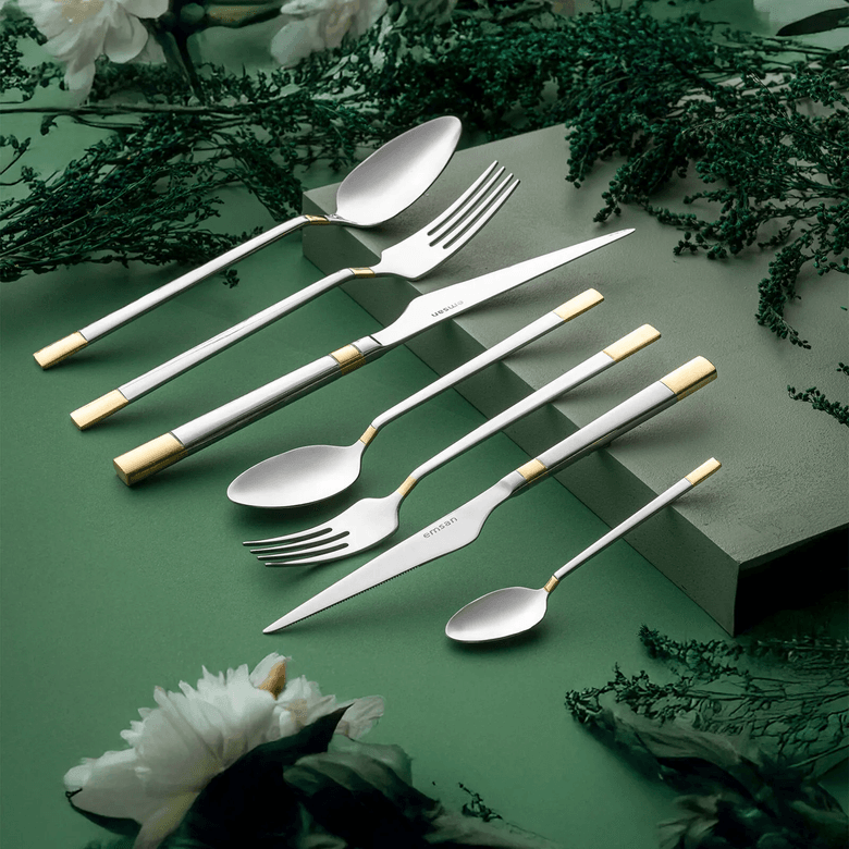 14.999 TL Emsan Elegance Duru Gold 84 Parça 12 Kişilik Lüks Kutulu Çatal Kaşık Bıçak Takımı