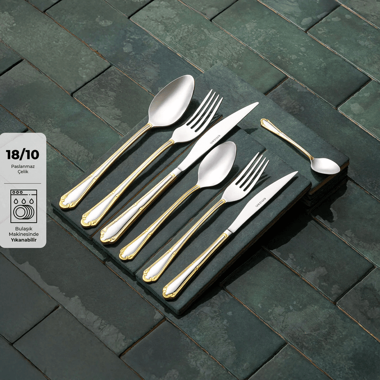 14.999 TL.* Emsan Elegance Göksu Gold 84 Parça 12 Kişilik Lüks Kutulu Çatal Kaşık Bıçak Seti