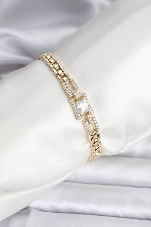14K Gold Renk Kaplama Zirkon Kare Taşlı CM Kadın Bileklik