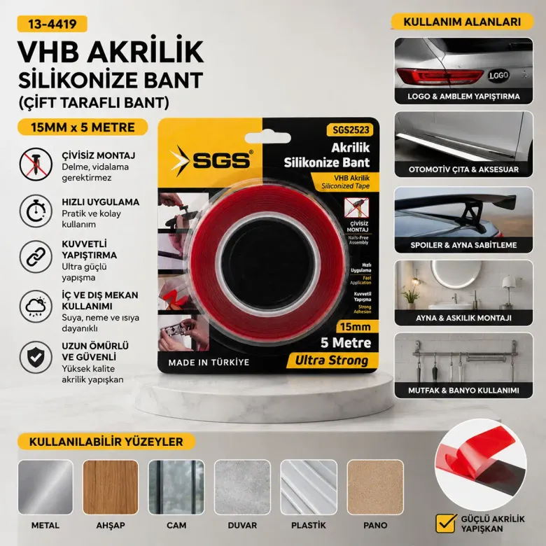 15MMX5YRD VHB AKRİLİK SİLİKONİZE BANT ÇİFT TARAFLI BANT (4745)