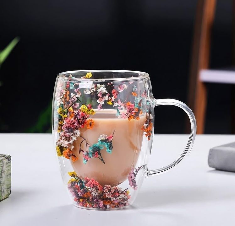 1923 As Kurukahvecisi 57855210131173880184975 Çift Cidarlı Borosilikat Cam, Renkli Kuru Çiçek Tasarımlı, 350 Ml Kapasiteli, Kulplu, Şeffaf Kahve Kupası Aeropress