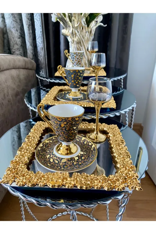 2 Adet Kahve & Çay & Sunum Tepsisi Metal Döküm Full Döküm Model