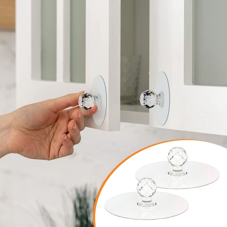 2 Li Dekoratif Kristal Yapışkanlı Kulp Askısı Dolap-Çekmece-Pencere -Klozet Kapağı Kulpu