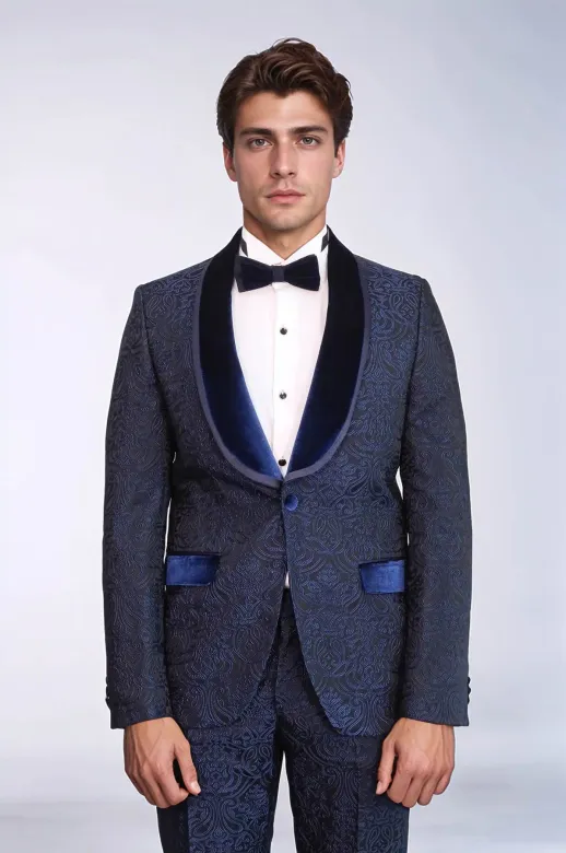 2 Parça Desenli Kadife Yaka Lacivert Damatlık Takım Elbise - Wessi