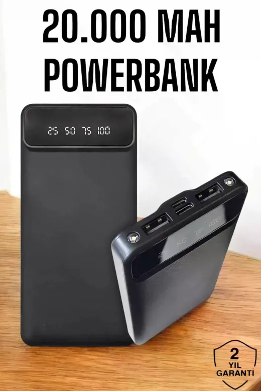 20.000 Mah Led Işıklı LCD Ekran USB Girişli Type-C Lightning Powerbank
