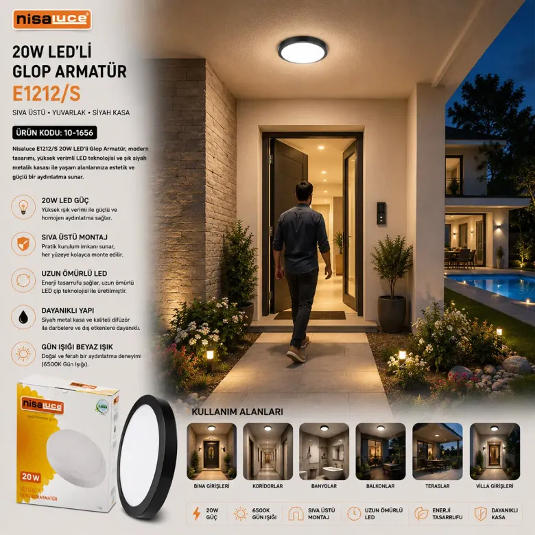 20W SİYAH METAL KASA SIVA ÜSTÜ YUVARLAK LEDLİ GLOP ARMATÜR IP20 6500K - 1800Lm E1212/S (4745)