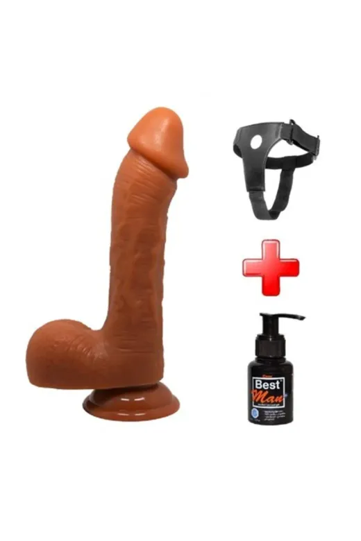 23,5 Cm Realistik Vantuzlu Melez Dildo Penis + Kemer + Kayganlaştırıcı Hediyeli