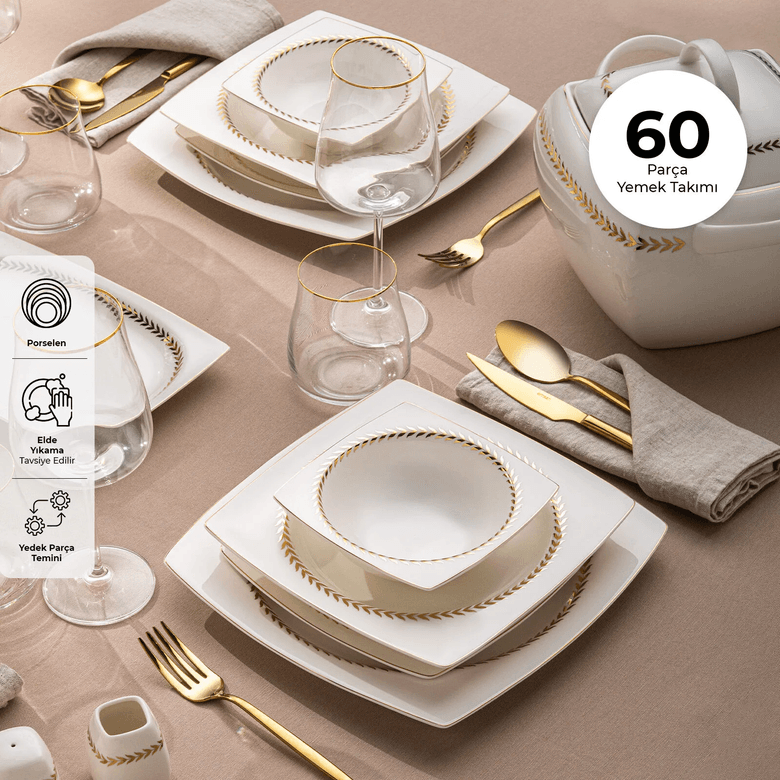24.999 TL.. Emsan Başak Fine Bone 60 Parça 12 Kişilik Kare Yemek Takımı Gold