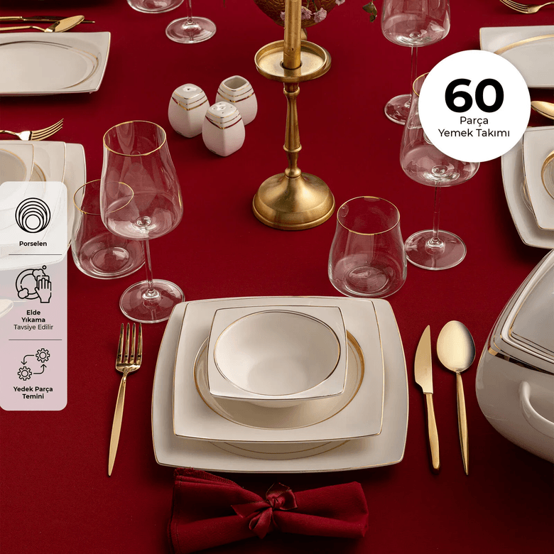 24.999 TL. Emsan Fine Bone Hale 60 Parça 12 Kişilik Kare Yemek Takımı Gold