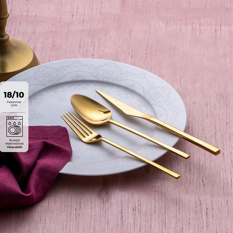 2.799 TL* Emsan Alba 18 Parça Parlak Gold Yemek Kutulu Çatal Kaşık Bıçak Takımı