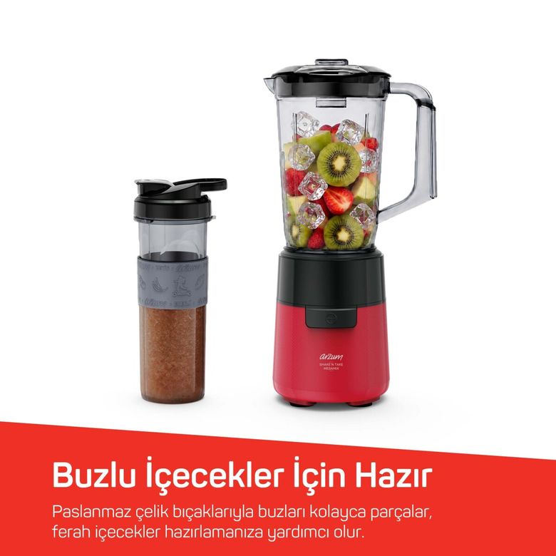 2999- Arzum Ar1196 Shake'n Take Megamix Sürahi Blender 550W, 1L Sürahi, 550 Ml Taşınabilir Şişe, Kırmızı